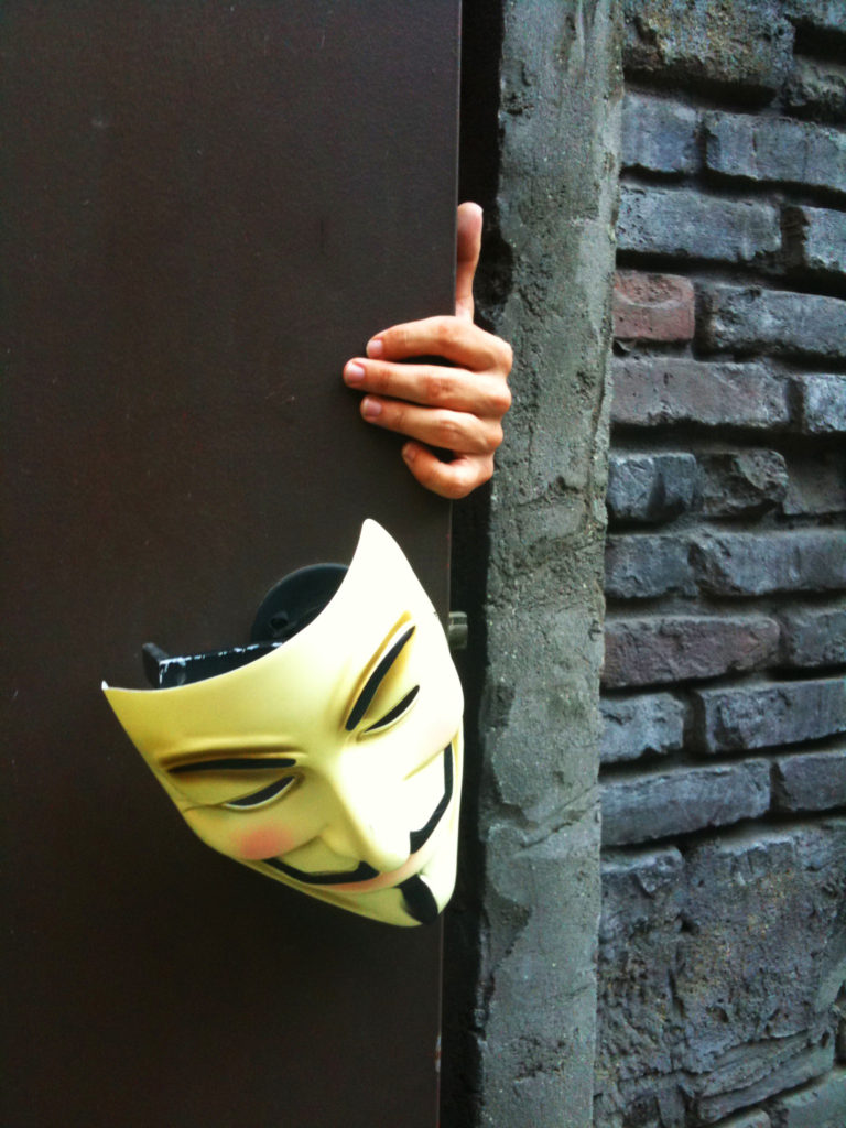 Buy art online, Ricardo Tomasz, Los Angeles, alley, alleyway, day, guy fawkes, door, eerie, v mask, mmysterious hand, behind appearances, mask, mystery